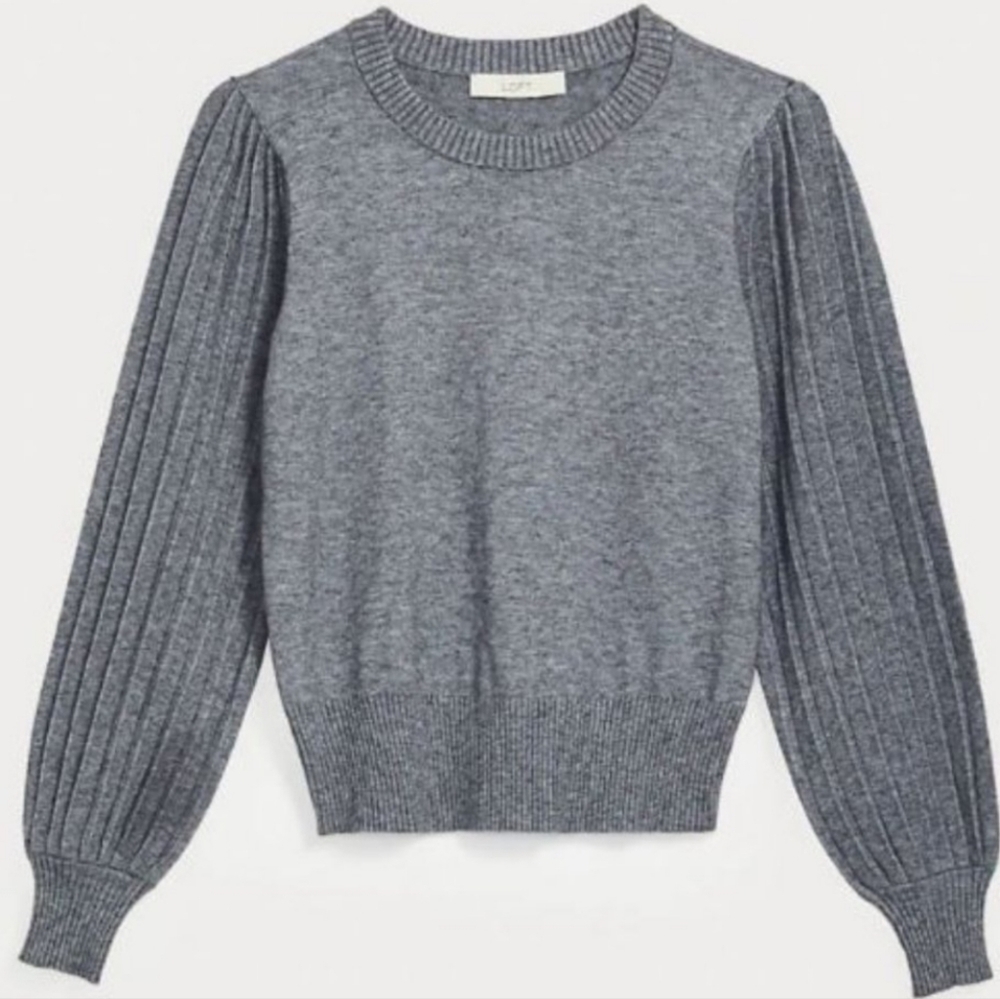 Loft Pleated Puff Sleeve Gray Sweater Size Small